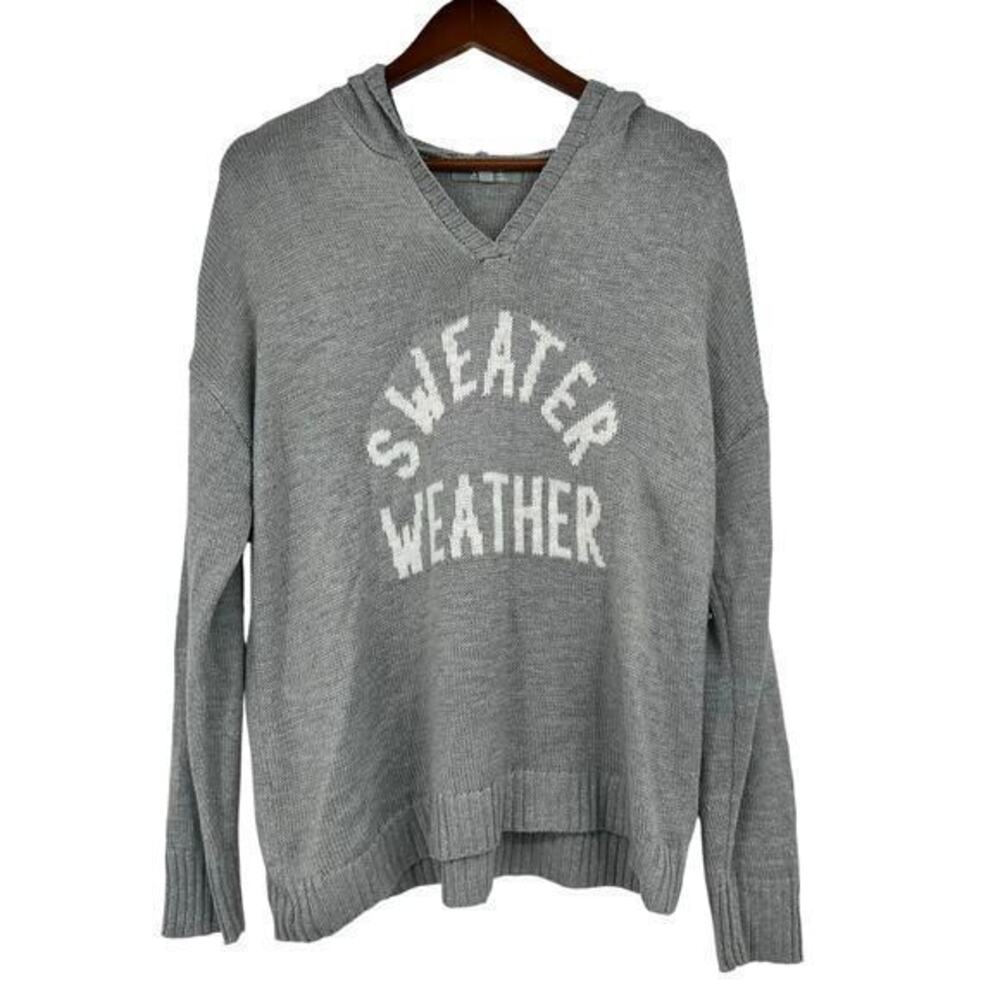 Marled Gray Heather Sweater Weather spell out Graphic Knit Hoodie Sweater XL